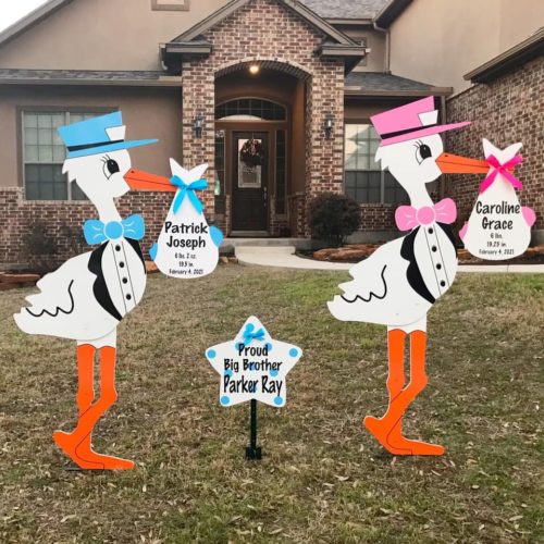 Twin Storks with Sibling Star, Storks of Michigan, Birth Announcement Signs, Oakland, Livingston, Wayne, And Washtenaw Counties, MI