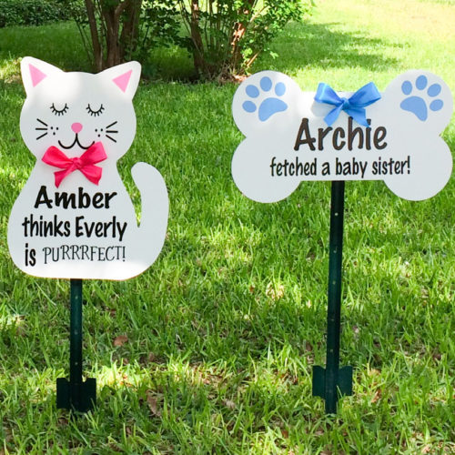 Cat Sign with Dog Bone Sign, Storks of Michigan, Birth Announcement Signs, Oakland, Livingston, Wayne, And Washtenaw Counties, MI
